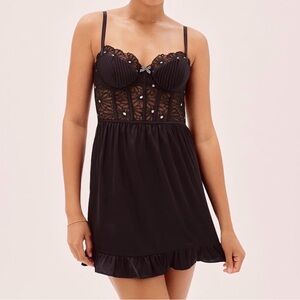 For Love and Lemons S Black Satin Mini Slip Dress with Daisy Lace Corset Top